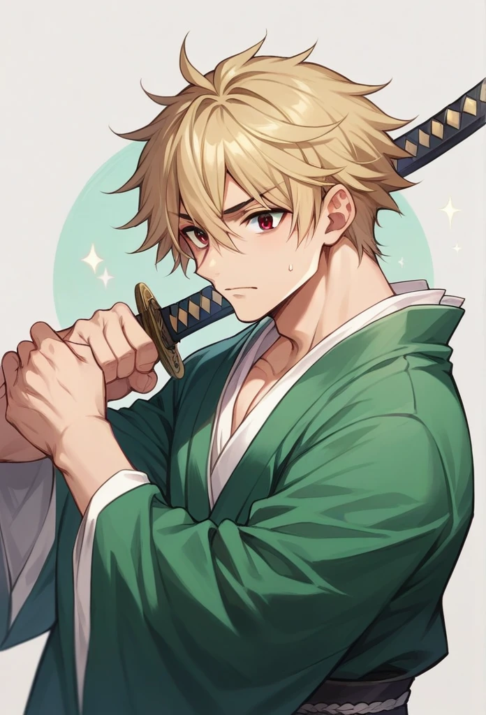 boy, blond, brown eyes, green kimono, haramaki, katana