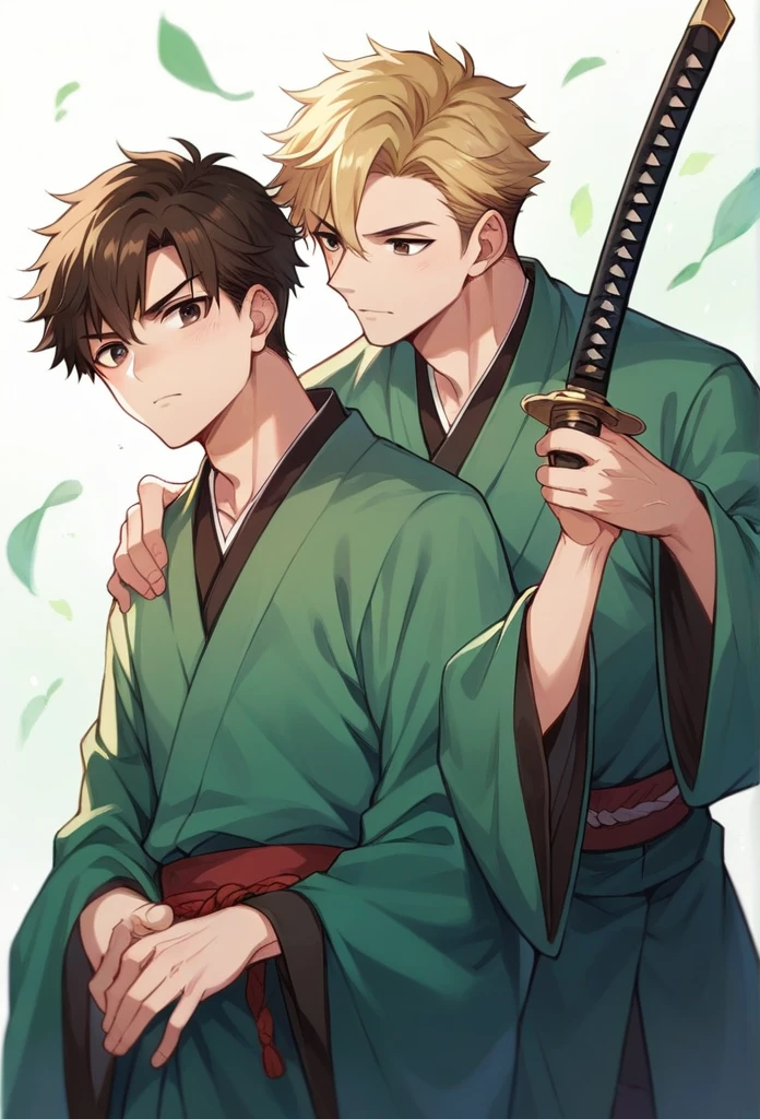boy, blond, brown eyes, green kimono, haramaki, katana