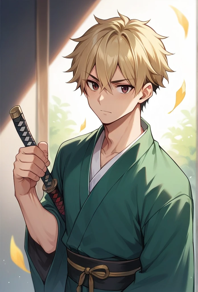 boy, blond, brown eyes, green kimono, haramaki, katana