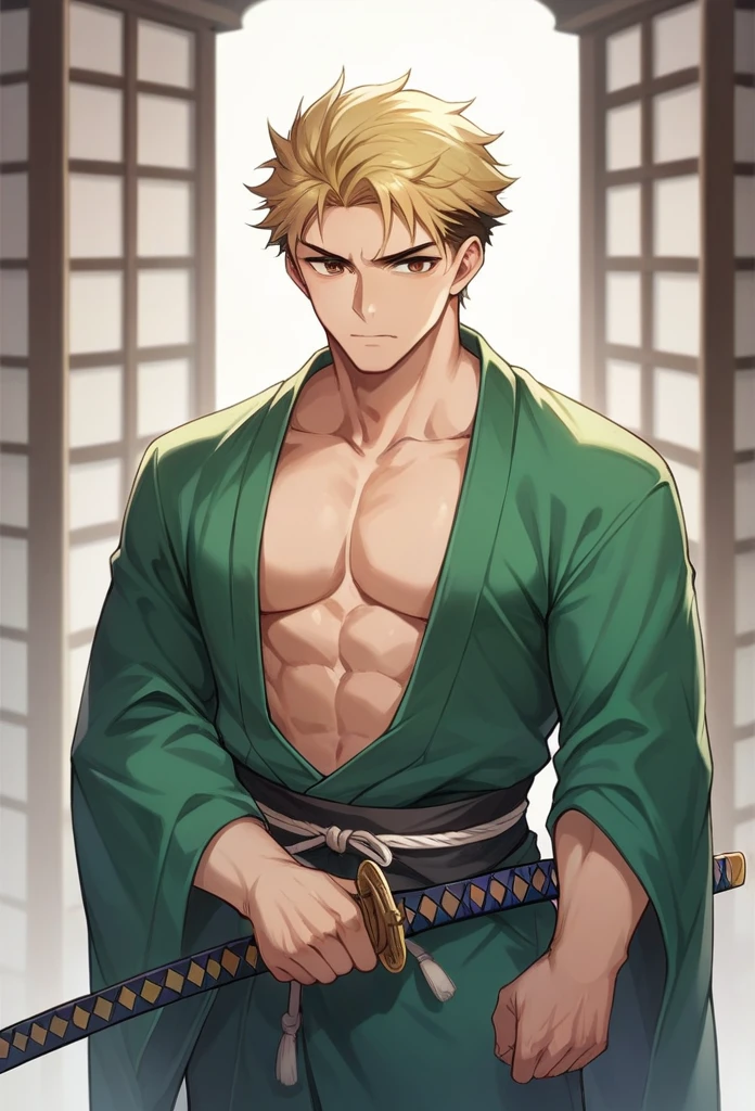 boy, blond, brown eyes, green kimono, haramaki, katana