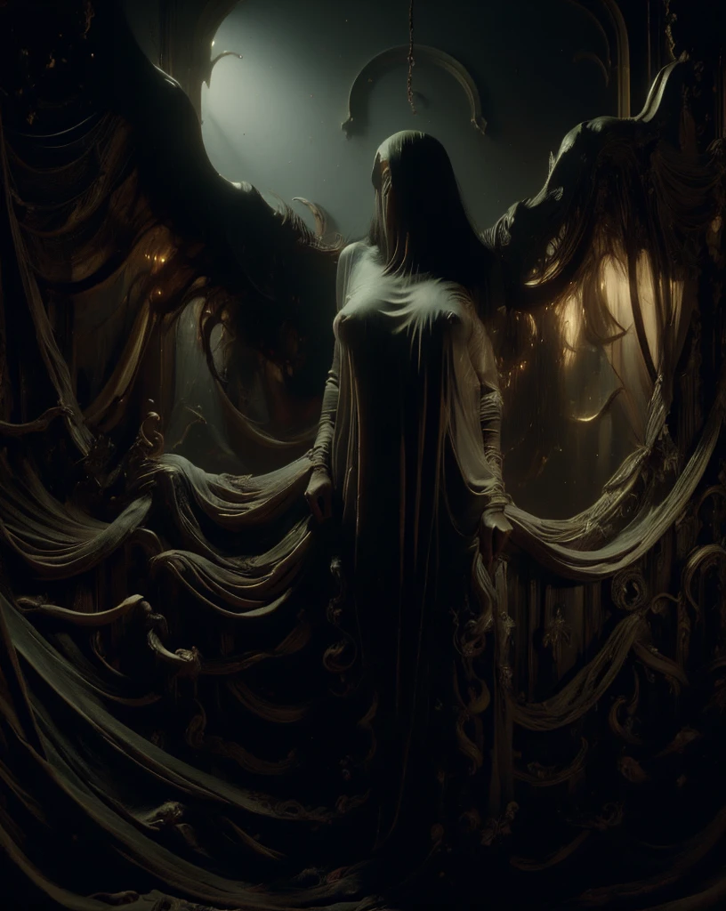 ((best quality)), ((masterpiece)), (detailed), long shot, nude pale women, big , tentacles face, very tall, very long black hair, flying upside down, alone in gloomy dark mist creepy abandoned bedroom,wearing transparent, artistic, extra details, ultra details
