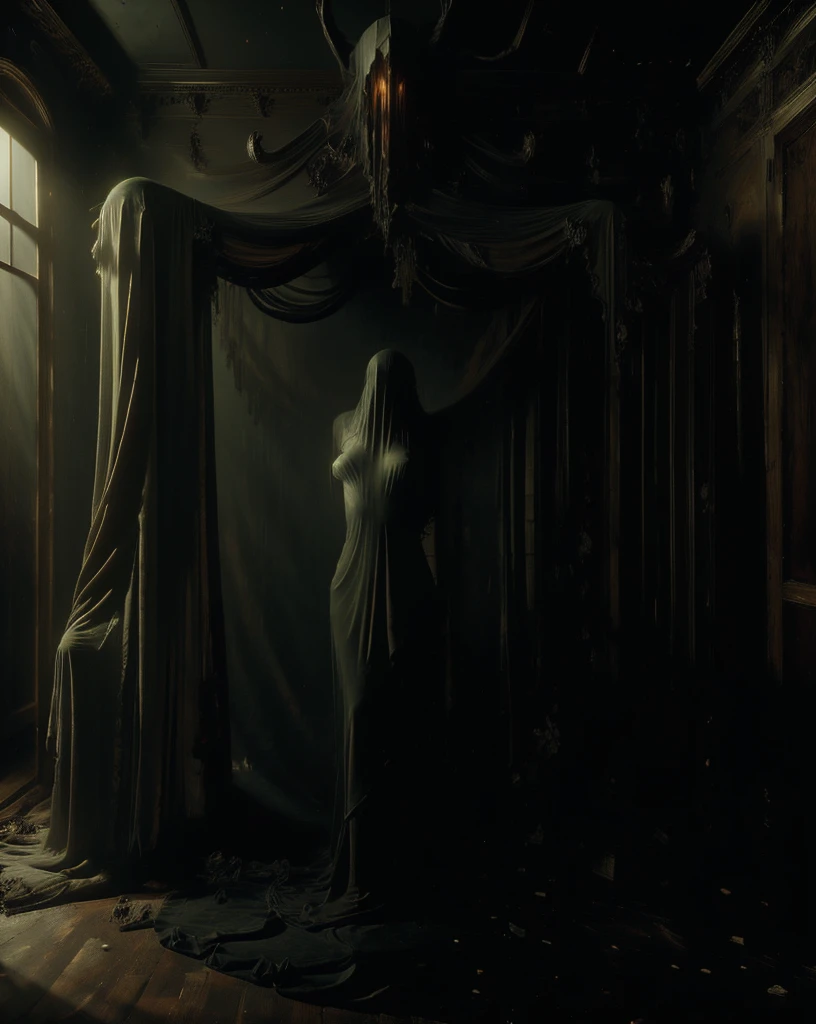 ((best quality)), ((masterpiece)), (detailed), long shot, nude pale women, big , tentacles face, very tall, very long black hair, flying upside down, alone in gloomy dark mist creepy abandoned bedroom,wearing transparent, artistic, extra details, ultra details