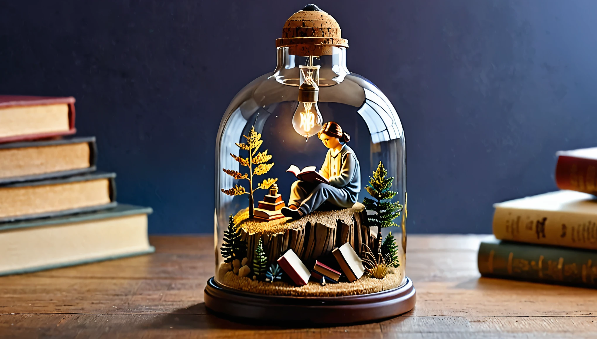 A captivating miniature diorama encased within a transparent glass bottle, topped with a cork lid. A soft, warm glow emanates from a tiny light bulb above the scene. At the center, a meticulously crafted miniature figure of a person sits atop a pile of even smaller books, engrossed in reading. The delicate artistry of the scene is held in the palm of a hand, creating a charming and whimsical handheld art piece or decorative item.