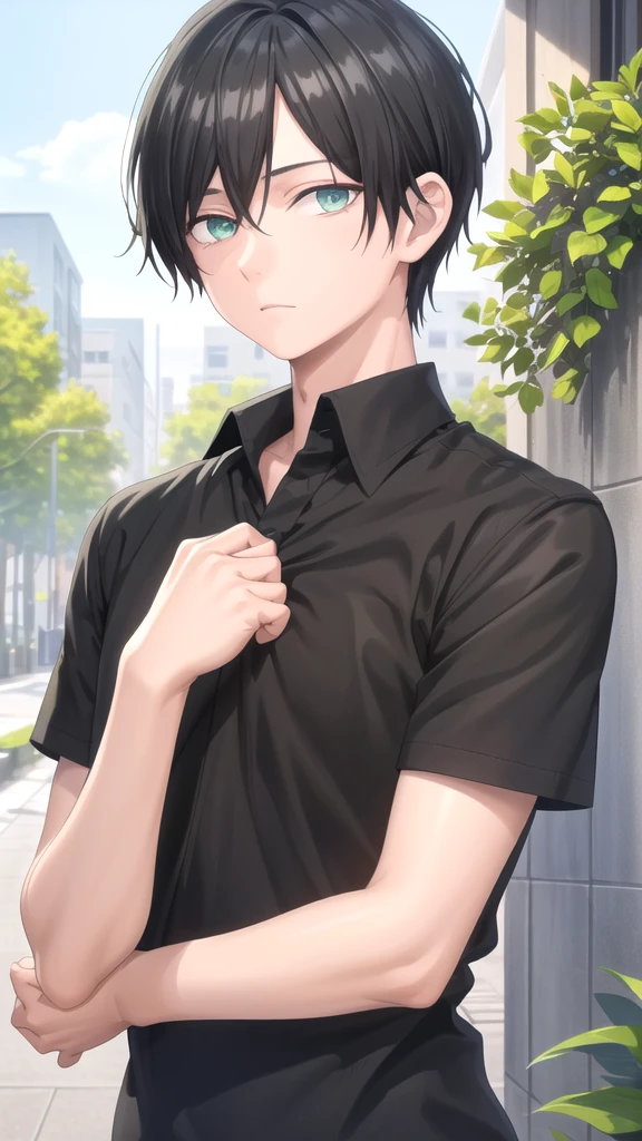 masterpiece, best quality, high quality, 1boy, solo, 14-year-old boy,male focus, looking at viewer , black hair, old-school swoop haircut,upper body , emerald eyes,