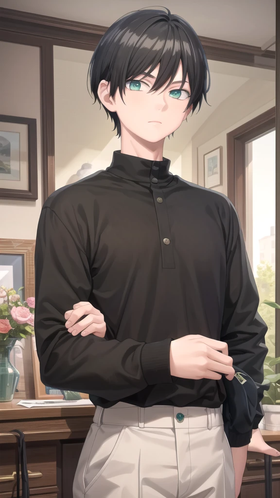 masterpiece, best quality, high quality, 1boy, solo, 14-year-old boy,male focus, looking at viewer , black hair, old-school swoop haircut,upper body , emerald eyes,