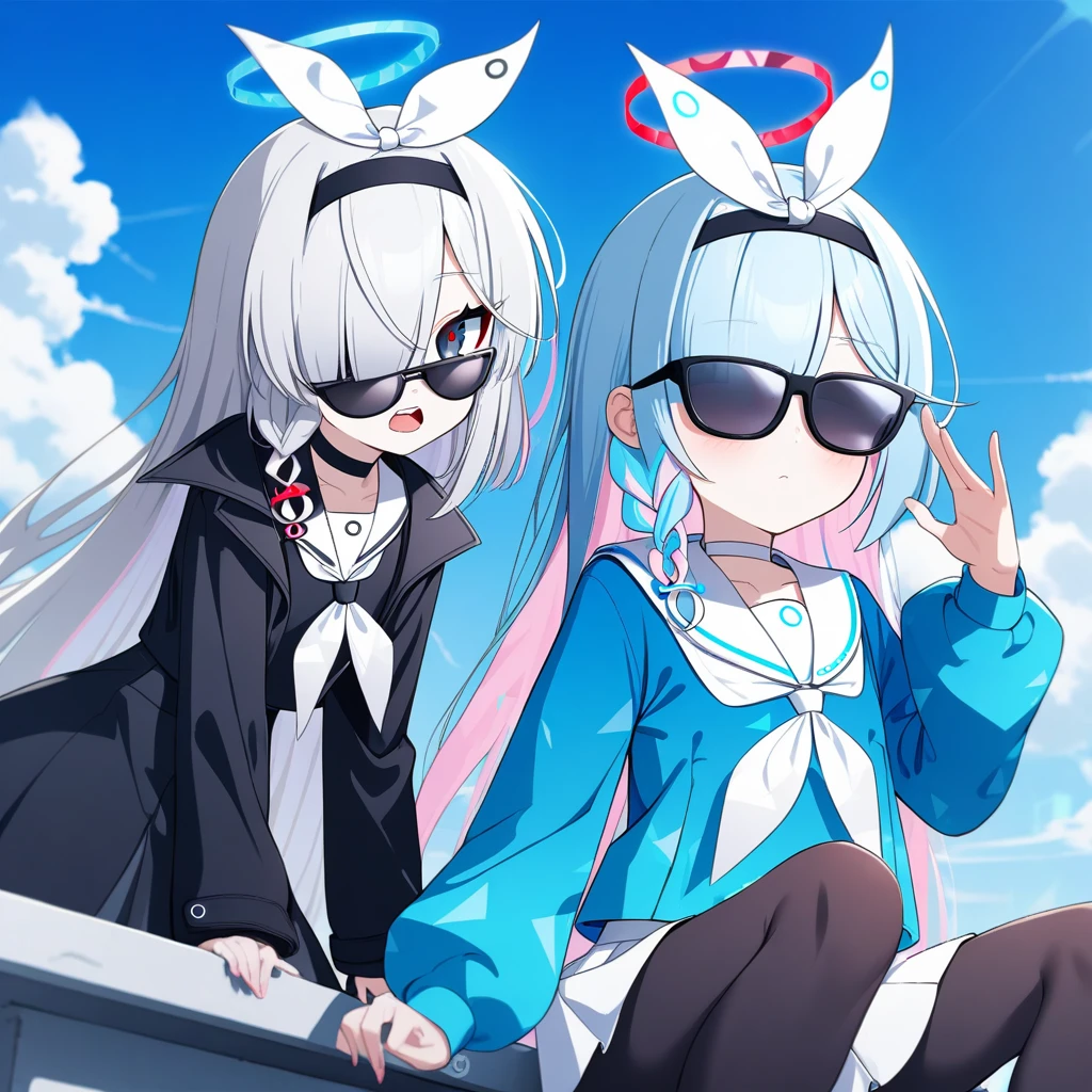 2girls sunglasses, blue archive, arona \(blue archive\), plana \(blue archive\), adjusting_eyewear, black choker, black coat, black eyes, black hairband, black pantyhose, black sailor collar, black serafuku, black shirt, black skirt, blue eyes, blue hair, blue halo, blue pupils, blue shirt, blue sky, blush, bow hairband, braid, breasts, buttoned cuffs, buttons, choker, closed mouth, cloud, coat, colored inner hair, day, film grain, hair over one eye, hair ribbon, hairband, halo, light blue hair, long hair, long sleeves, looking at viewer, miniskirt, multicolored hair, multiple girls, neckerchief, open mouth, outdoors, pantyhose, pink hair, pleated skirt, puffy long sleeves, puffy sleeves, red halo, red pupils, ribbon, sailor collar, sailor shirt, serafuku, shirt, short hair, side braid, single braid, sitting, skirt, sky, small breasts, sunglasses, teeth, thighs, two-tone hair, upper teeth only, white choker, white hair, white hairband, white neckerchief, white ribbon, white sailor collar, white skirt

