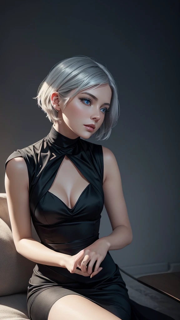 Very beautiful woman with silver short hair, blue eyes, wearing a black dress sitting playfully. Digital art render in the style of romantic academia with hyperrealistic pop illustrations and charming characters. Soft edges and atmospheric effects are used, natural lighting and shadows