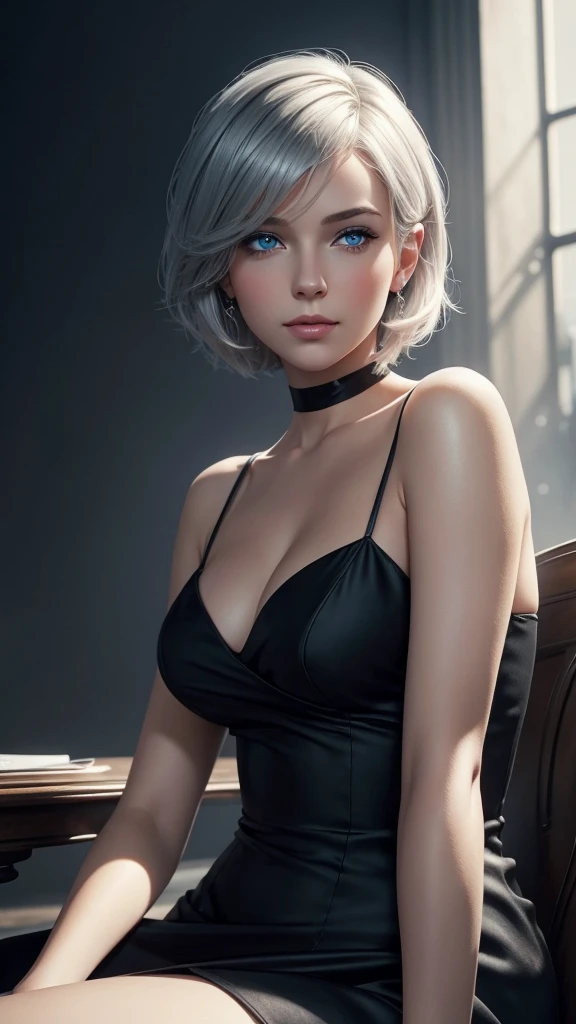 Very beautiful woman with silver short hair, blue eyes, wearing a black dress sitting playfully. Digital art render in the style of romantic academia with hyperrealistic pop illustrations and charming characters. Soft edges and atmospheric effects are used, natural lighting and shadows