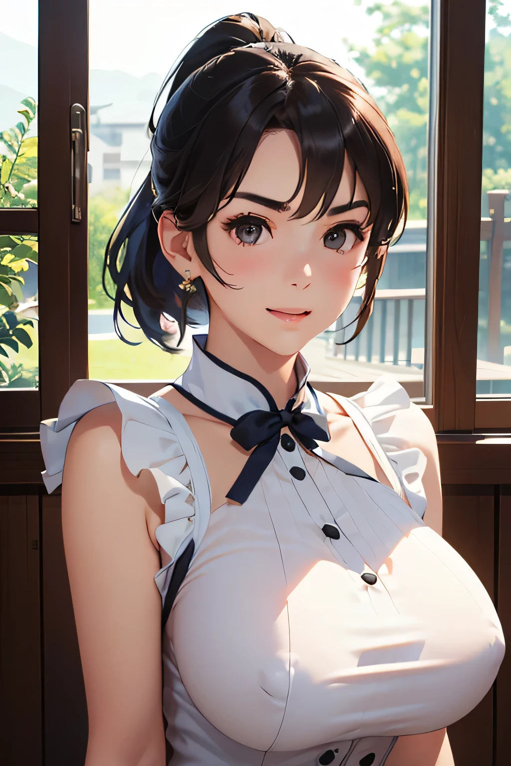 Highest quality、High resolution、Detailed Background、(Beautiful face in every detail:1.4)、Anatomically correct、Normal number of fingers、(Detailed facial expressions)、(Detailed eyes:1.2)、Teenage beauty、(Highly detailed face:1.4)、(Huge breasts:1.2)、Perfect body line、cute hair color、Bobcut、ponytail、cute hairstyle、well-groomed eyebrows、Sunny outdoors、A big smile、smile、A fun atmosphere、Cute gestures、(Three girls standing next to their friends in A fun atmosphere:1.5)、Sleeveless maid dress in sheer material、cute