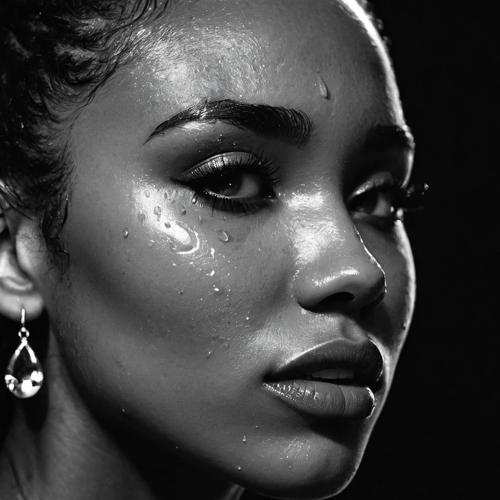 a beautiful black girl with crying a water teardrop running down her face and a black background, close up on side profile only showing cheek and eyelight falling on face, noir photorealism, mysterious portrait of a woman, chiaroscuro portrait, grainy black and white photo. close up on side profile, tinashe, zoe kravitz, zoomed in on tear drop