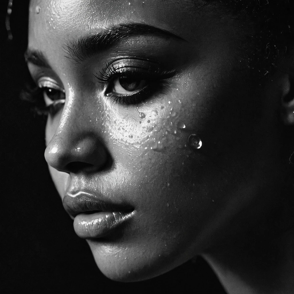 a beautiful black girl with crying a water teardrop running down her face and a black background, close up on side profile only showing cheek and eyelight falling on face, ???? photorealism, mysterious portrait of a woman, chiaroscuro portrait, grainy black and white photo. close up on side profile, tinashe, zoe kravitz, zoomed in on tear drop