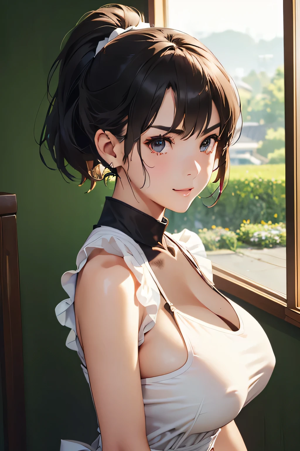 Highest quality、High resolution、Detailed Background、(Beautiful face in every detail:1.4)、Anatomically correct、Normal number of fingers、(Detailed facial expressions)、(Detailed eyes:1.2)、age beauty、(Highly detailed face:1.4)、(Huge breasts:1.2)、Perfect body line、cute hair color、Bobcut、ponytail、cute hairstyle、well-groomed eyebrows、Sunny outdoors、A big smile、smile、A fun atmosphere、Cute gestures、(Three girls standing next to their friends in A fun atmosphere:1.5)、Sleeveless maid dress in sheer material、cute