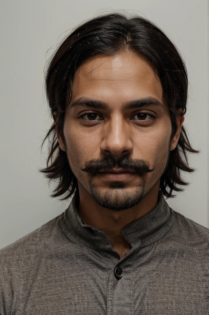 The man in the image has short, black hair and a beard connected to his mustache, which is neatly trimmed. His facial expression is neutral, and he is looking directly at the camera. He has a medium-dark skin tone, and his eyes are dark brown. His eyebrows are full and his nose is broad. He is wearing a black collared shirt buttoned up to the top. The background of the image is plain white, making the subject stand out clearly.