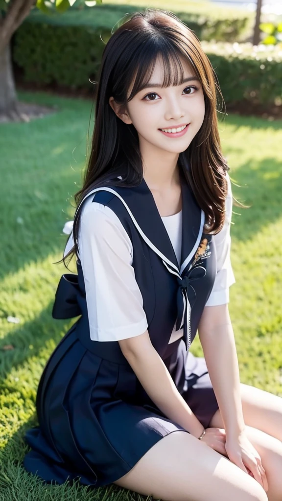 A scene of a black-haired woman wearing a sailor uniform sitting on the grass on a sunny day with a big smile