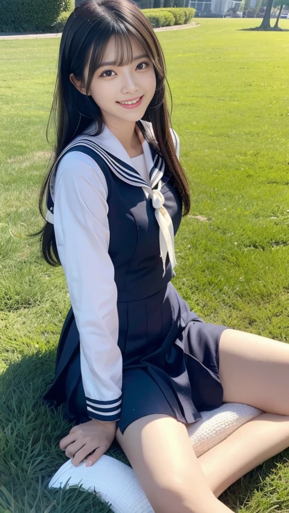 A scene of a black-haired woman wearing a sailor uniform sitting on the grass on a sunny day with a big smile