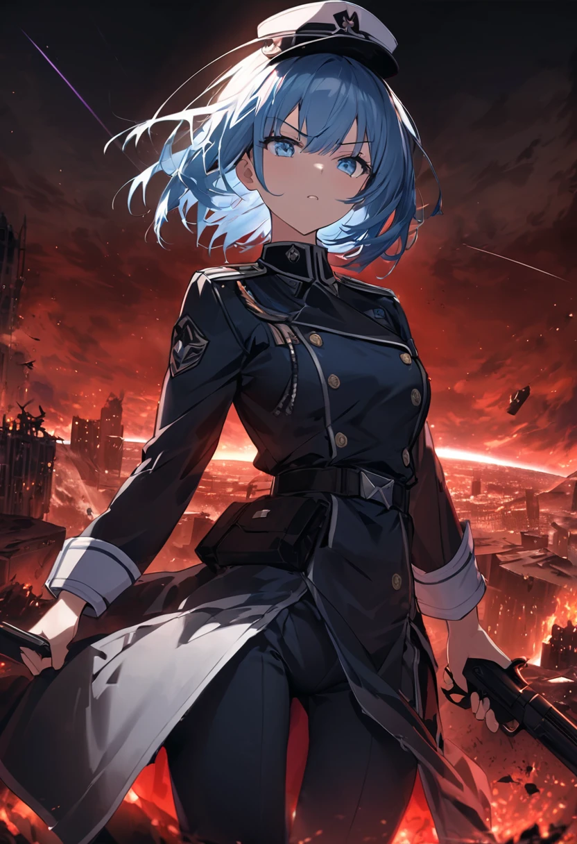 Facing forward　girl　Military uniforms with a white base and some black　Spectacular Background　A shooting star is falling　Beautiful night view　　　She is on the right　On the left you can see the destroyed city.　He has a gun　　　服にはplaneが描かれています　背景の上部にはFighterが飛んでいます　Red Moon　blue eyes　　There is one person　light blue long hair　wearing a military cap　war　I'm wearing pants　Precision　masterpiece　girlにクローズアップ　girlを正面から見ています　short hair　soldier　battlefield　{超Precision} Satanic　She's angry　But I&#39;m angry　Hanging eyes　Anime Style　 {war} {Gunfight} {Fighterの擬人化} Fighter　tank　Battleship　plane　Thunder Day　Mechanical Man　宇宙Battleshipヤマトの武装をつけています　A dignified expression　F-16Fighterの翼を背中につけています