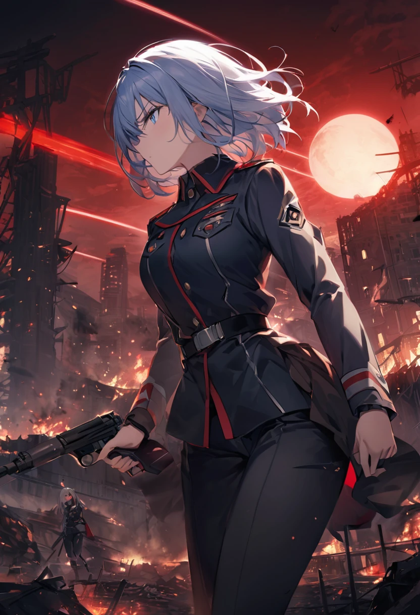 Facing forward　girl　Military uniforms with a white base and some black　Spectacular Background　A shooting star is falling　Beautiful night view　　　She is on the right　On the left you can see the destroyed city.　He has a gun　　　服にはplaneが描かれています　背景の上部にはFighterが飛んでいます　Red Moon　blue eyes　　There is one person　light blue long hair　wearing a military cap　war　I'm wearing pants　Precision　masterpiece　girlにクローズアップ　girlを正面から見ています　short hair　soldier　battlefield　{超Precision} Satanic　She's angry　But I&#39;m angry　Hanging eyes　Anime Style　 {war} {Gunfight} {Fighterの擬人化} Fighter　tank　Battleship　plane　Thunder Day　Mechanical Man　宇宙Battleshipヤマトの武装をつけています　A dignified expression　F-16Fighterの翼を背中につけています