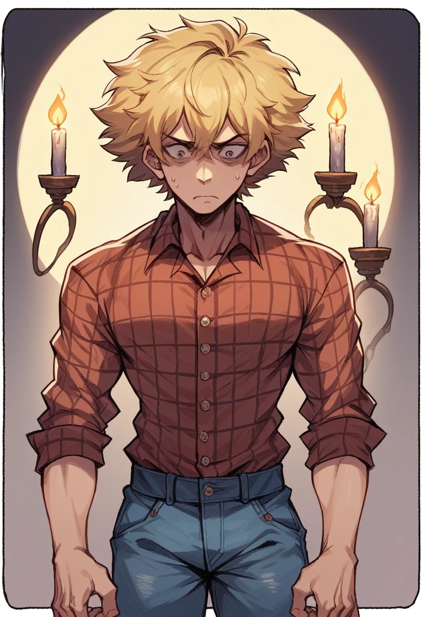 photograph of a woman, (worried facial expression), textured skin, Goosebumps, afro blonde hair, plaid flannel shirt with distressed boyfriend jeans, cowboy shot, dark and mysterious cave with unique rock formations and hidden wonders, Perfect eyes, (candlelight,chiaroscuro)

