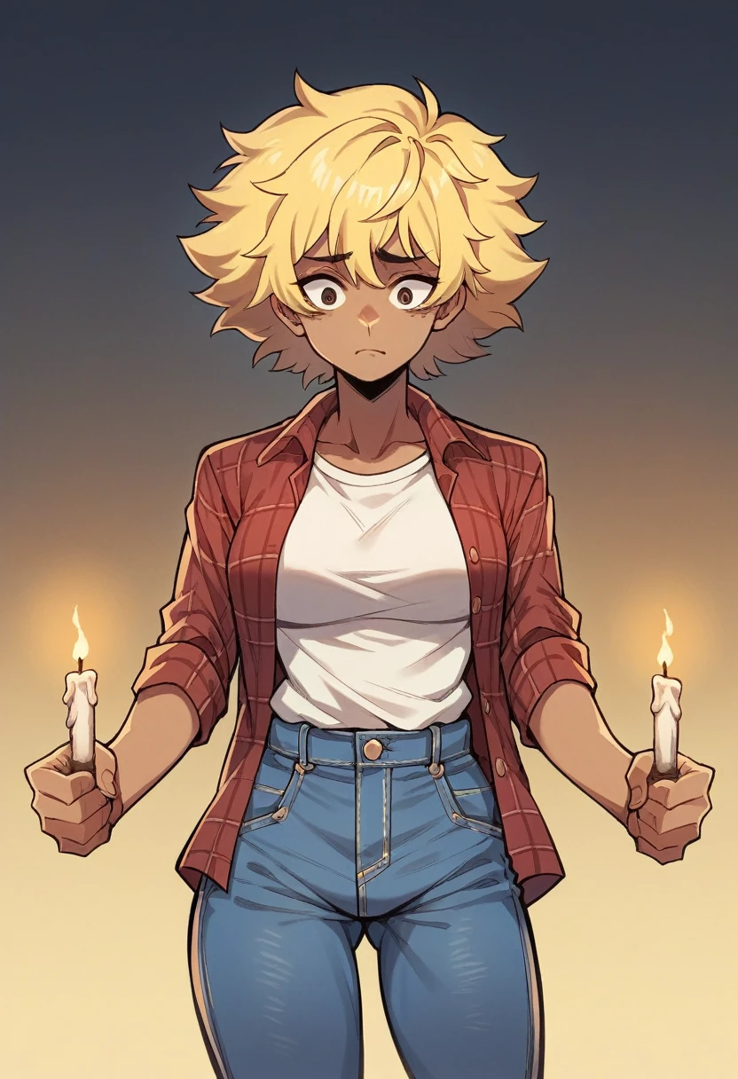 photograph of a woman, (worried facial expression), textured skin, Goosebumps, afro blonde hair, plaid flannel shirt with distressed boyfriend jeans, cowboy shot, dark and mysterious cave with unique rock formations and hidden wonders, Perfect eyes, (candlelight,chiaroscuro)