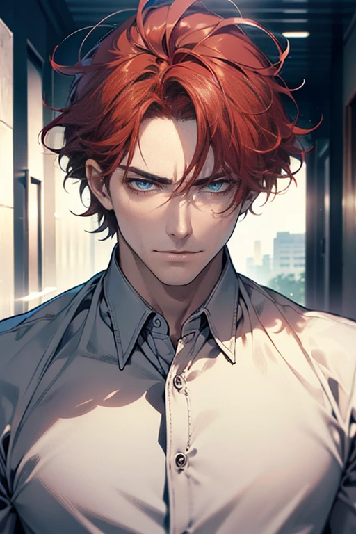 (1 man, masculine face, perfect male body, tall and strong, adult male, delicate eyes, delicate face, extremely detailed cg, unity 8k wallpaper, complicated details, detailed face), (red hair, messy hair, serious face, white shirt, ceo), (frown, expression in love smile:1.1), corridor, street style, color difference, depth of field, dramatic shadow, ray tracing, best quality, cinematic lighting, official art, portrait, professor
