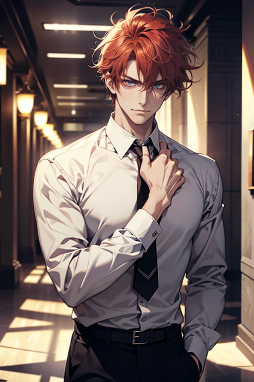 (1 man, masculine face, perfect male body, tall and strong, adult male, delicate eyes, delicate face, extremely detailed cg, unity 8k wallpaper, complicated details, detailed face), (red hair, messy hair, serious face, white shirt, ceo), (frown, expression in love smile:1.1), corridor, street style, color difference, depth of field, dramatic shadow, ray tracing, best quality, cinematic lighting, official art, portrait, professor