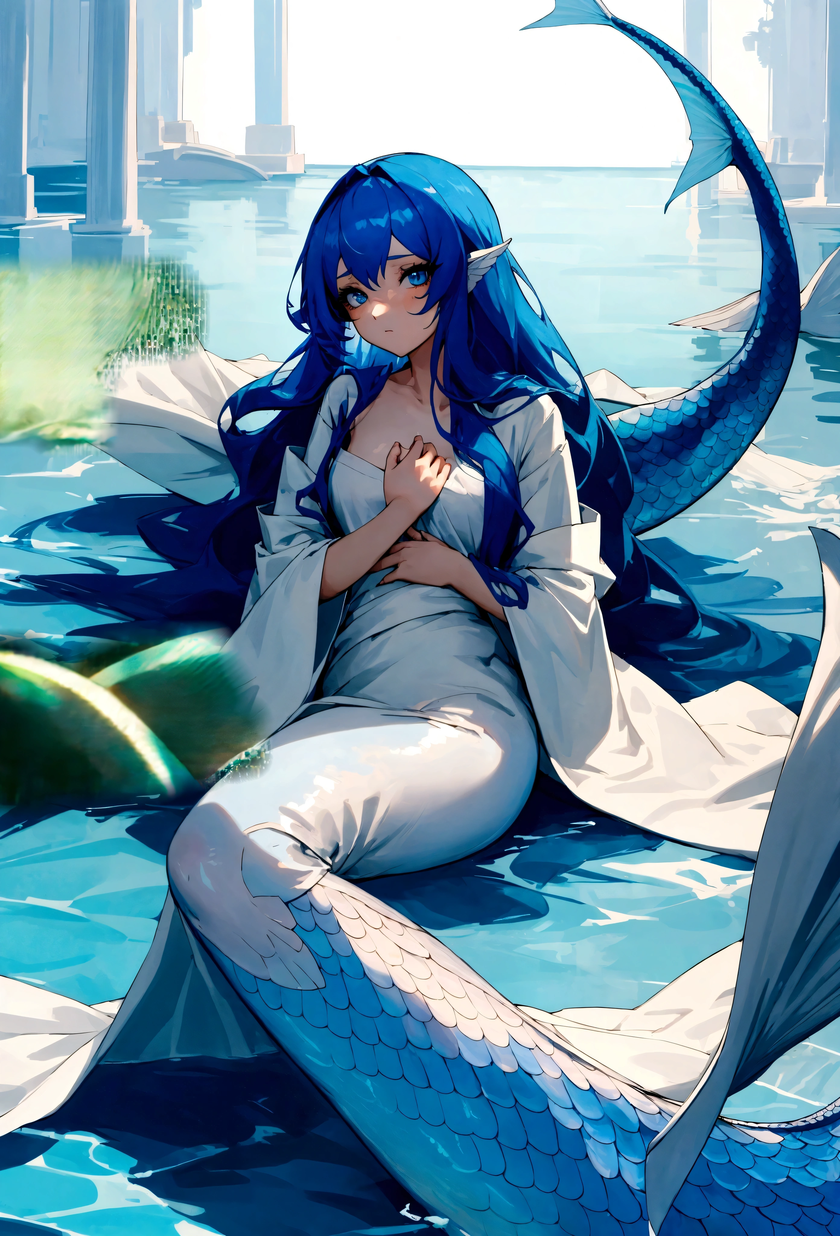 full-length, beautiful and pretty girl, mermaid legs, blue hair, calm gaze, disheveled hair, long arms, bare chest, white robe
