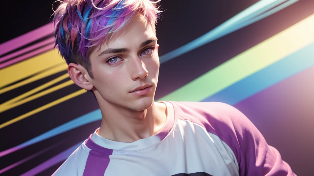 (Realistic style) 1 man, young man, focus alone, adult, young adult face, short pink hair, wavy hair, purple eyes, white sweatshirt, casual clothes, multicolored clothes, celebrating lgbt gay pride month, pride flag gay lgbt, realistic and dynamic pose. Realistic, detailed and correct facial structure. multicolored background, background with many colors, background full of bright colors, rainbow background