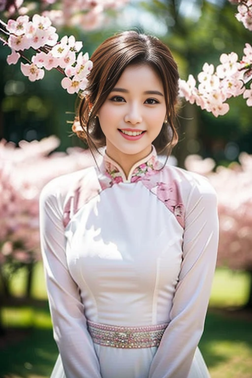 (a gorgeous lady, age 18, Vietnamese traditional dress Ao Dai, nature walk in cherry blossom festival, friendly expression, dimpled smile, cute snaggle-tooth, short hair ponytail, beautiful detailed face, beautiful detailed eyes, ample round bosom, photorealistic, hyper-realism, high contrast, ultra HD, realistic skin textures, top image quality, top-quality, super high resolution, fine details, very meticulously, masterpiece, head to thigh, the Cowboy shot, romantic stunning, bokeh background)