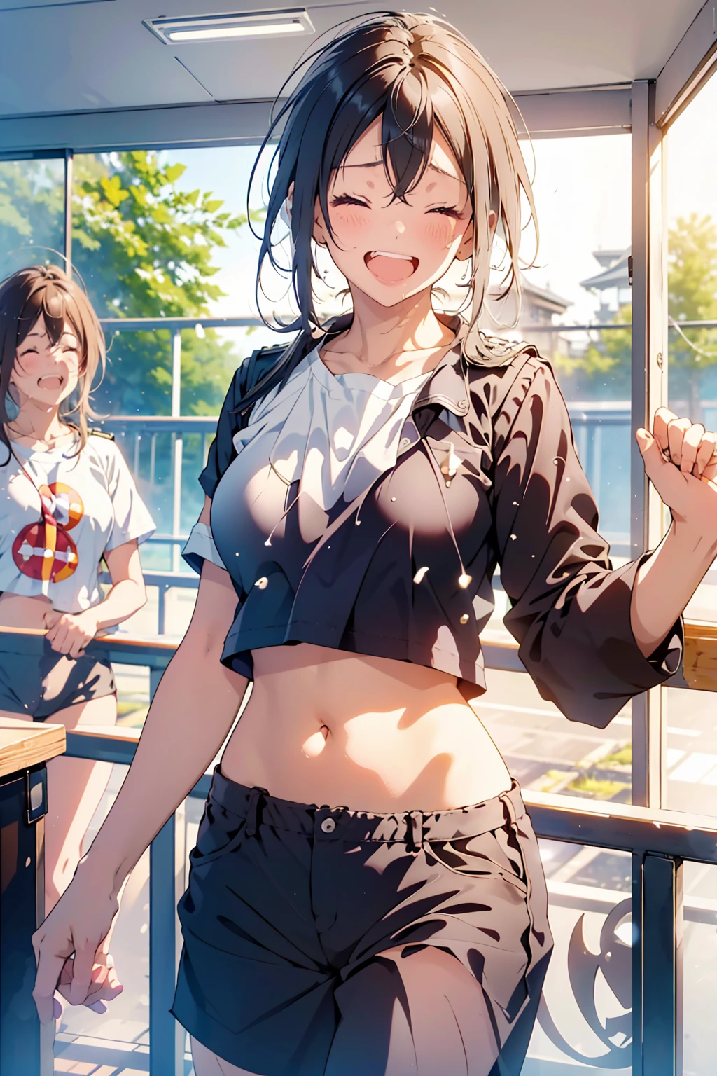 masterpiece,best quality, ultra high res,(beautiful woman:1.2),(beautiful Busty breasts:1),(happy:1.2),(enjoy:1.2), (dark hair:1), (short low ponytail:1.2), medium hair,a sexy mole around the mouth,wet lip, (burst into laughter:1.4), (squinting:1.4),(simple plain uniform:1.5),(gym uniform:1), school gym clothes,(plain:1.8),(wearing round neck white t-shirt:1.2), navy blue short Sweatpants , upper body shot