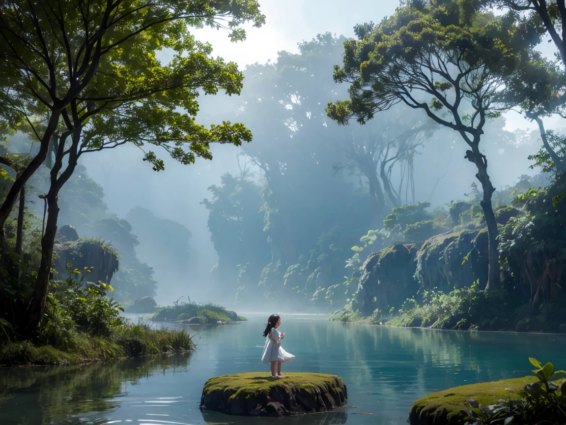 little adventurer girl，river in the fog, Mystical forest lagoon, dreamy scene, Индонезия National Geographic, in a serene landscape, Mystical scene, Mysterious lake, Beautiful Vietnamese jungle, mystical setting, Beautiful setting, Tranquil environment, early morning light, Awesome atmosphere, Morning River, enchanting and otherworldly, lost in a dreamy fairytale landscape, many colors