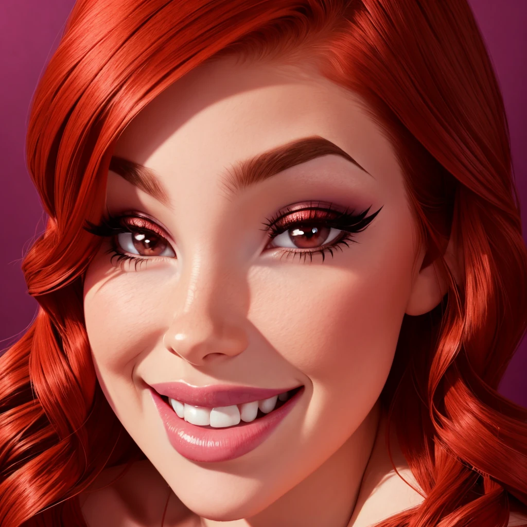 a girl seducing, thick lips, big lips, big eyelashes, big face, redhead, smiling, adult