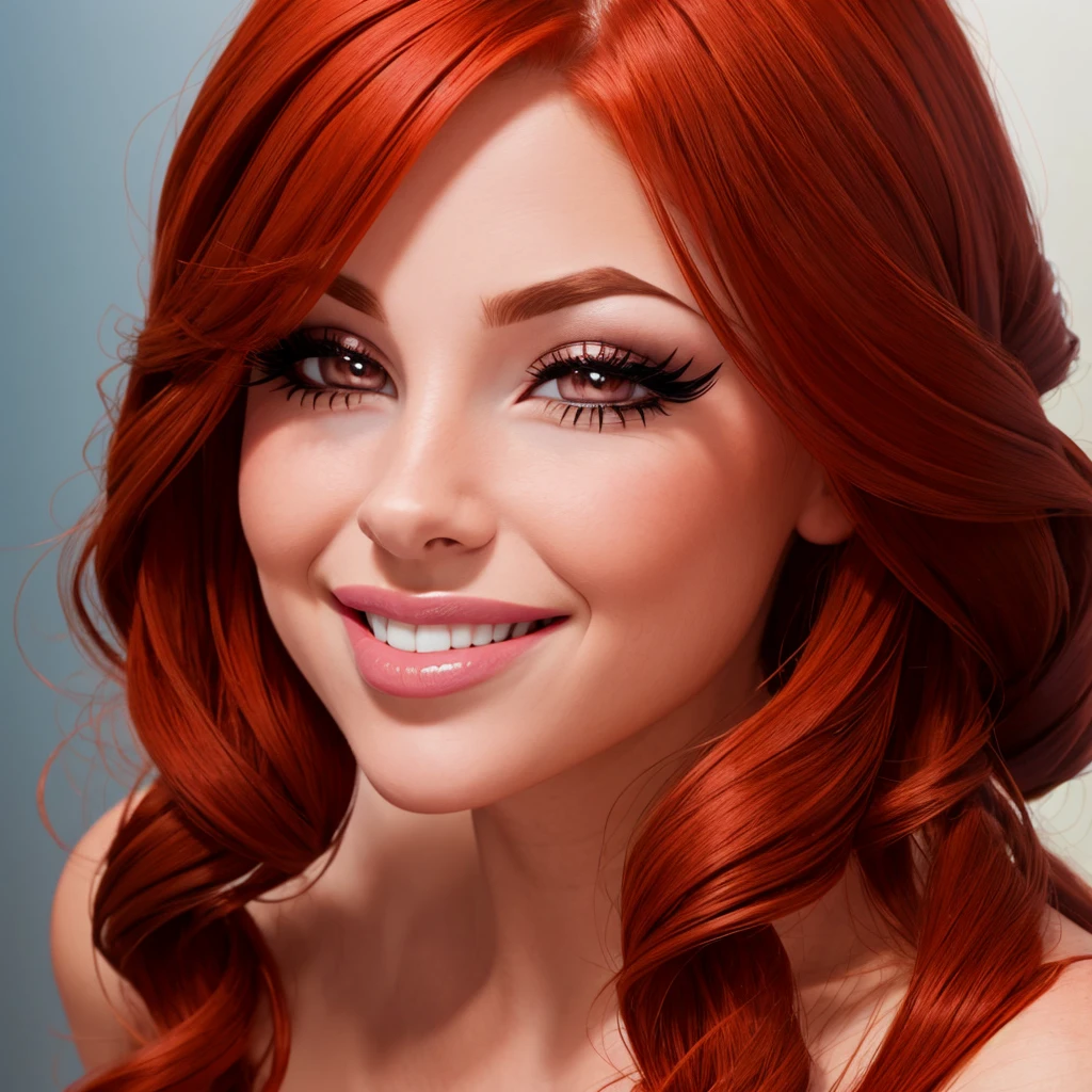 a girl seducing, thick lips, big lips, big eyelashes, big face, redhead, smiling, adult