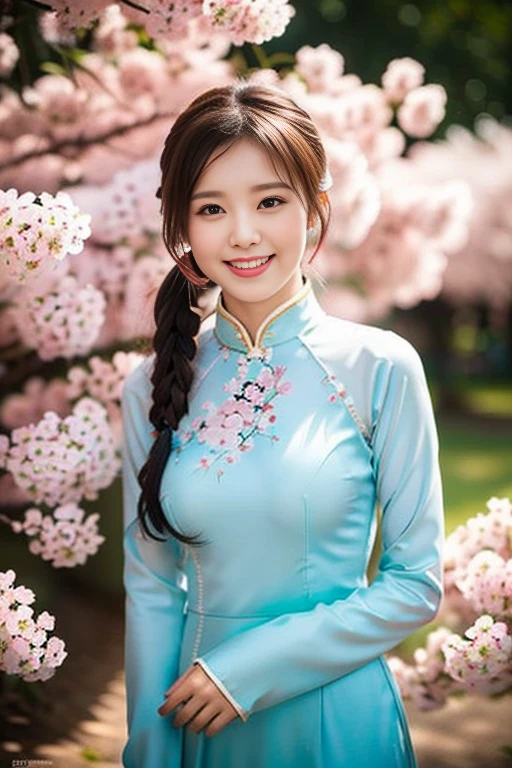 (a gorgeous lady, age 18, Vietnamese traditional dress Ao Dai, nature walk in cherry blossom festival, friendly expression, dimpled smile, cute snaggle-tooth, short hair ponytail, beautiful detailed face, beautiful detailed eyes, ample round bosom, photorealistic, hyper-realism, high contrast, ultra HD, realistic skin textures, top image quality, top-quality, super high resolution, fine details, very meticulously, masterpiece, head to thigh, the Cowboy shot, romantic stunning, bokeh background)