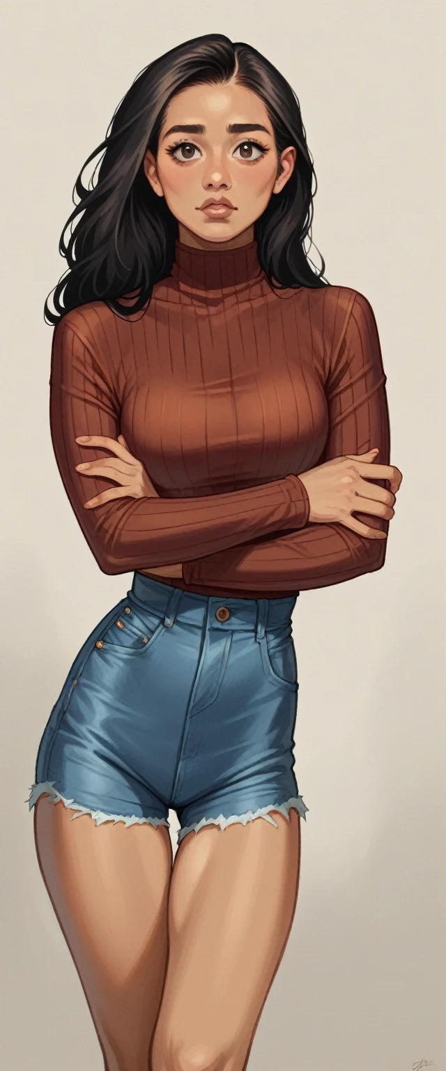 Close up of a beautiful young Latina brunette with long black hair, oval face and dark brown eyes, wearing a tight ribbed knit top and skin tight jean shorts, standing at a home construction job site, beautifully lit, dramatic composition, epic scale, sense of awe, ultra-high res.photorealistic:.1.4, (high detailed skin:1.2), 8k uhd, dslr, high quality, film grain, Fujifilm XT3