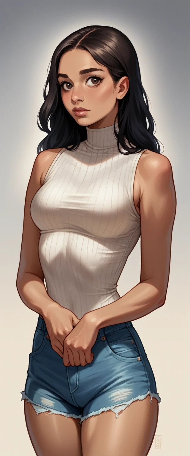 Close up of a beautiful young Latina brunette with long black hair, oval face and dark brown eyes, wearing a tight ribbed knit top and skin tight jean shorts, standing at a home construction job site, beautifully lit, dramatic composition, epic scale, sense of awe, ultra-high res.photorealistic:.1.4, (high detailed skin:1.2), 8k uhd, dslr, high quality, film grain, Fujifilm XT3
