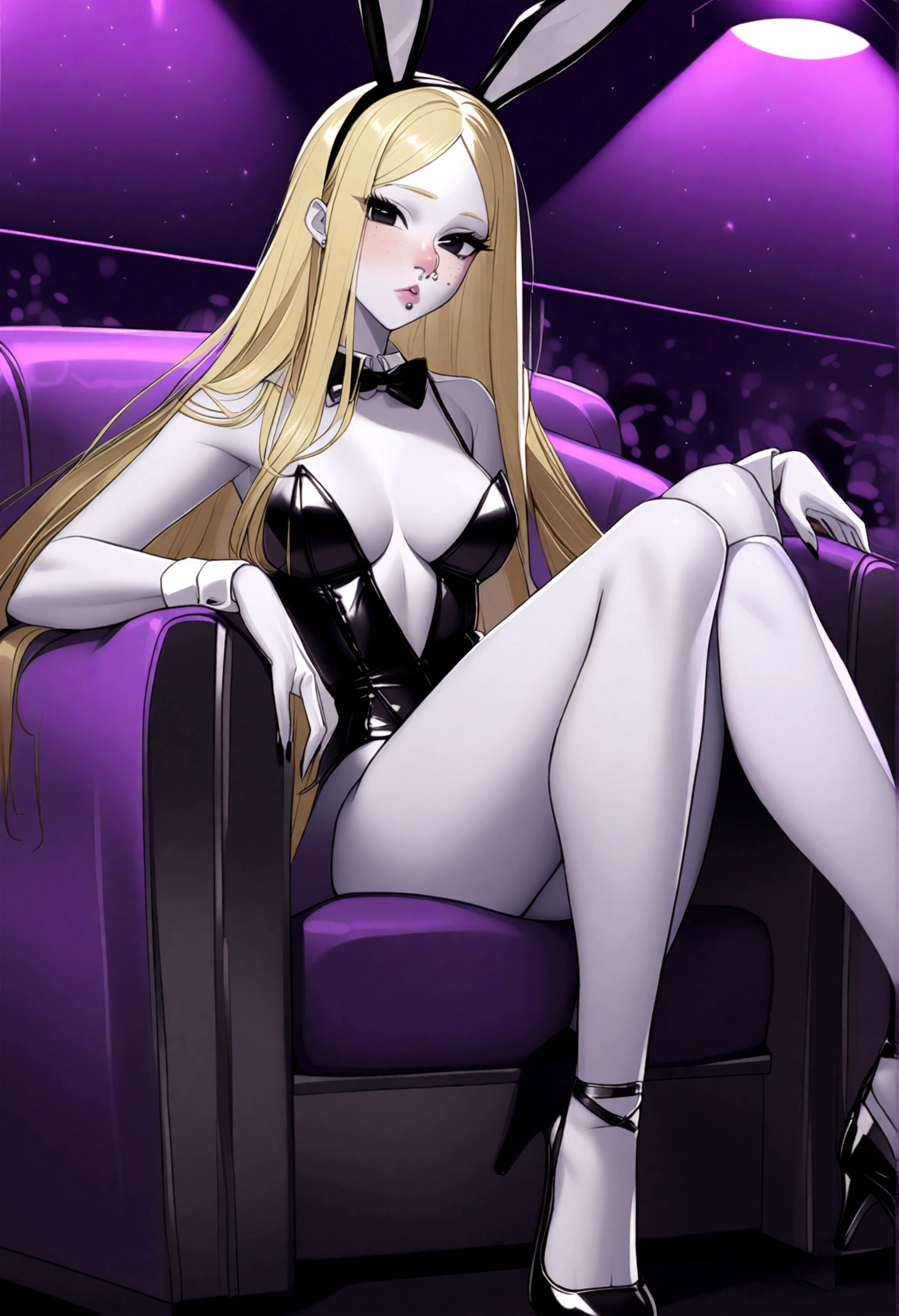 (((32k))),(((of the highest quality)) , woman with long straight blonde hair, black eyes, White skin, freckles on the cheeks, Nose piercing, slender body, pompous lips, Dressed as a bunny in a nightclub, sitting on the armchair of a nightclub, with black heels and purple lights.