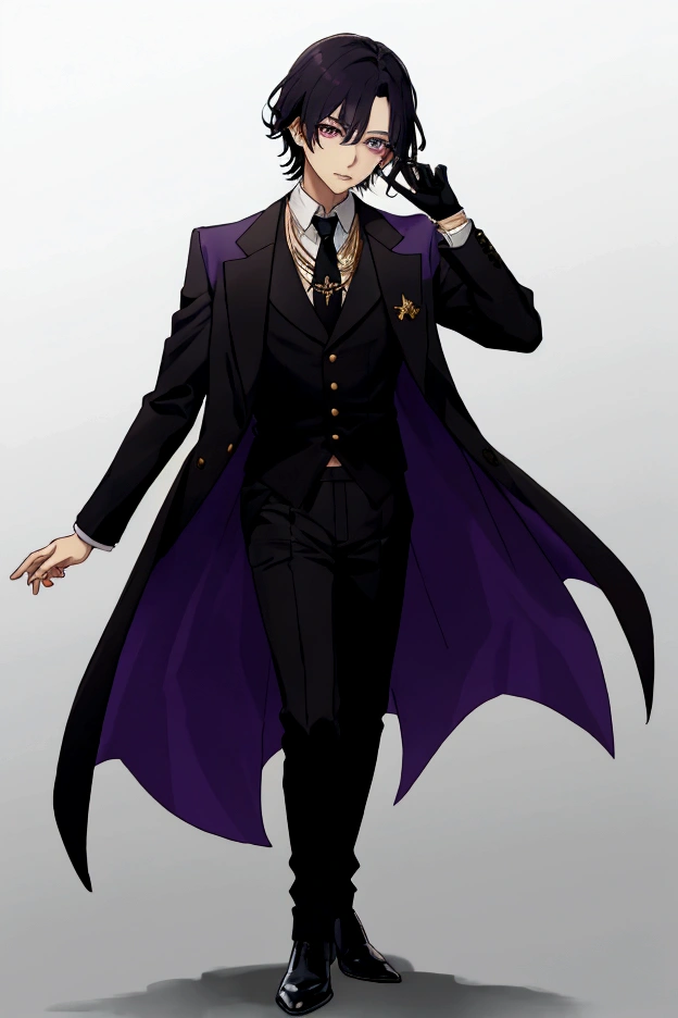 Chico de seXo mascullino de la edad de  12 años con el derecho color negro con una "X" color eye in the center and purple left eye, bluish black fur, dressed in a white shirt with a light blue tie and a black blazer closed with gold buttons, black mini shorts with white ruffles on the sides, light blue tights,black boots and wide gloves that reveal the fingers, with Ougai Mori from Bungo Stray Dogs next to him