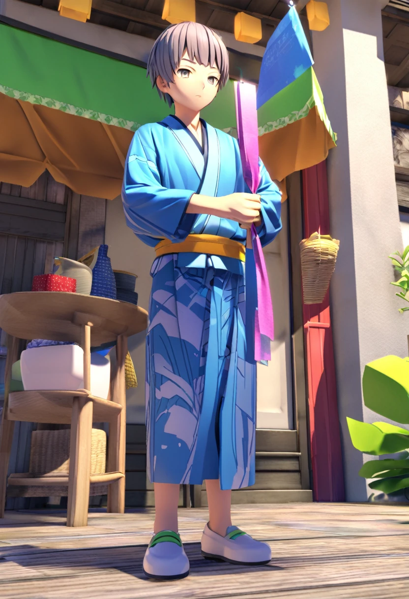 Tanabata Hikoboshi、Blue kimono full body、Please draw a cool guy　Make it 3D