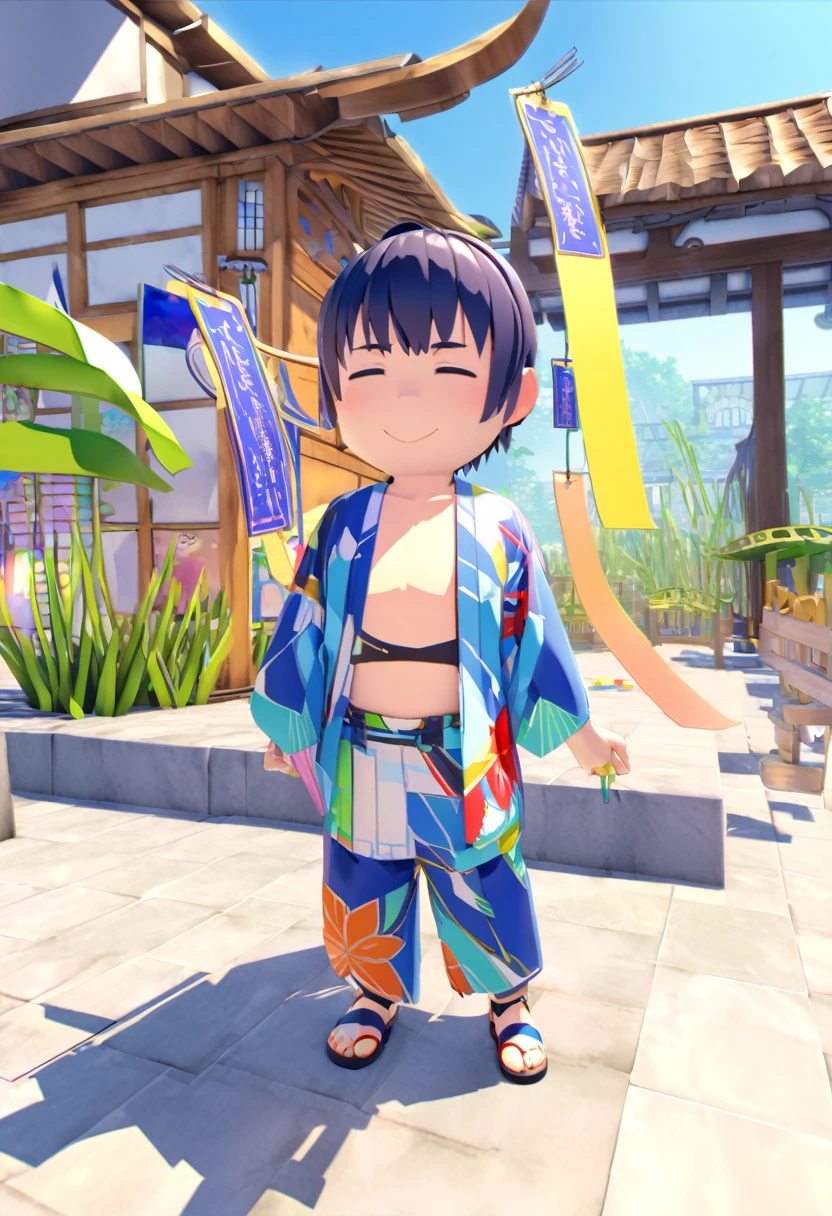Tanabata Hikoboshi、Blue kimono full body、Please draw a cool guy　Make it 3D