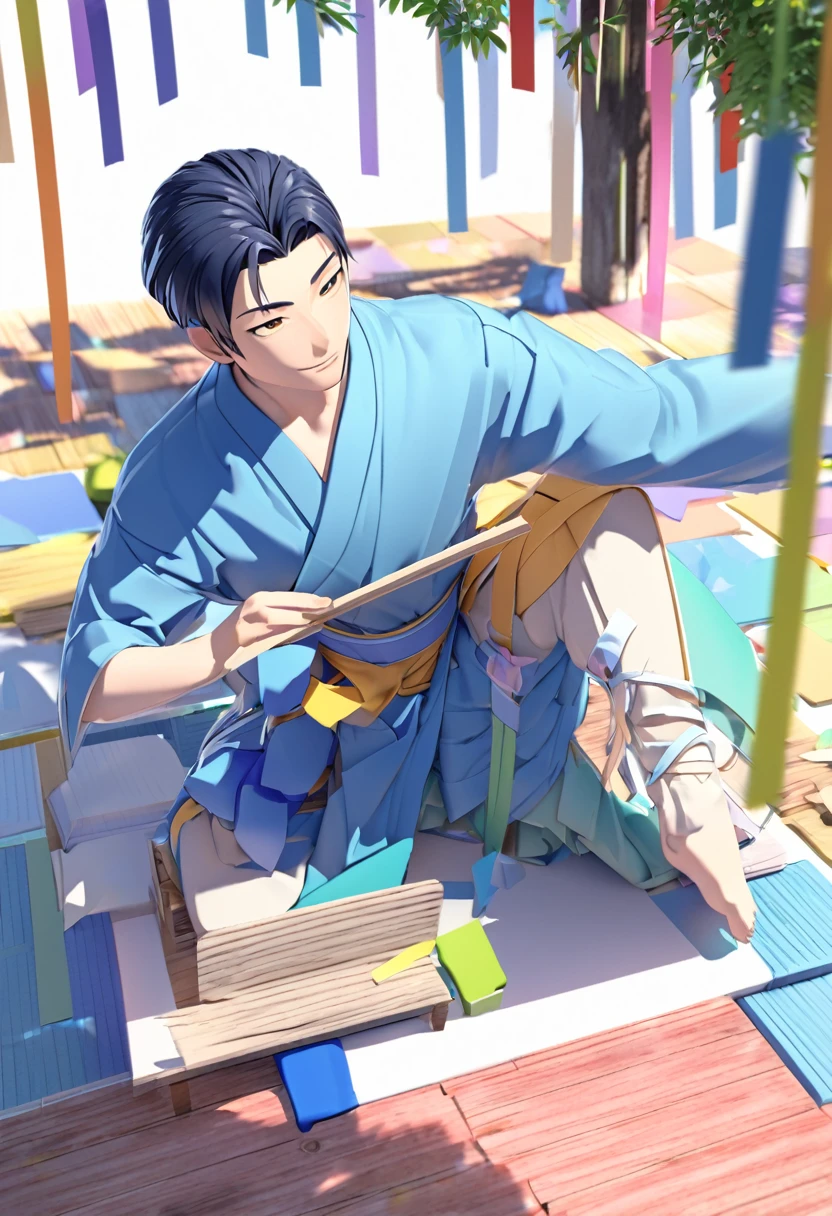 Tanabata Hikoboshi、Blue kimono full body、Please draw a cool guy　Make it 3D
