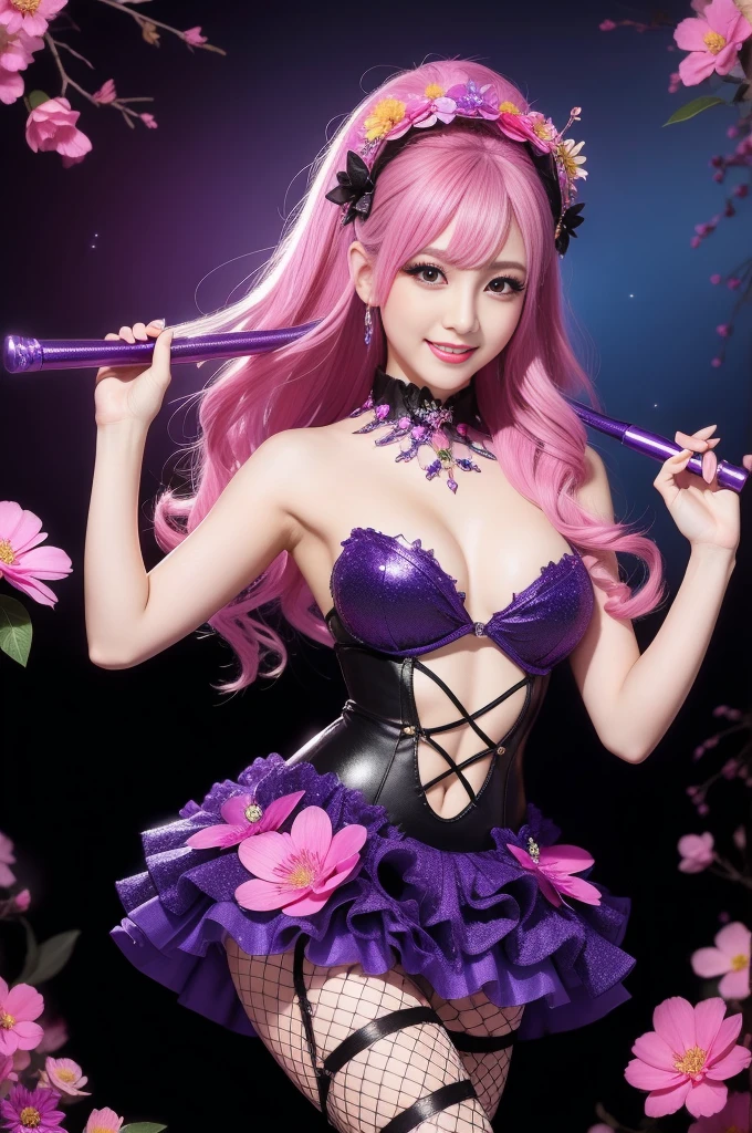 beautiful sexy female who controls poison、beautiful smile、lipgloss、professional makeup、full body Esbian、、sparkling poisoned flower costume、、、、sparkling Colorful hair、secrete poison、skull hair accessories、fishnet tights、flowers background