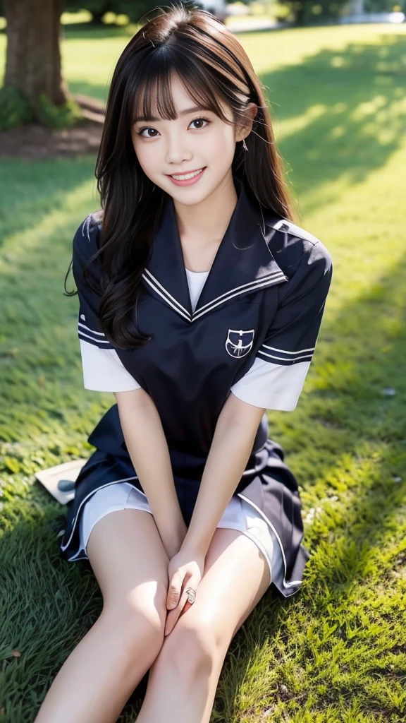 A scene of a black-haired woman wearing a sailor uniform sitting on the grass on a sunny day with a big smile