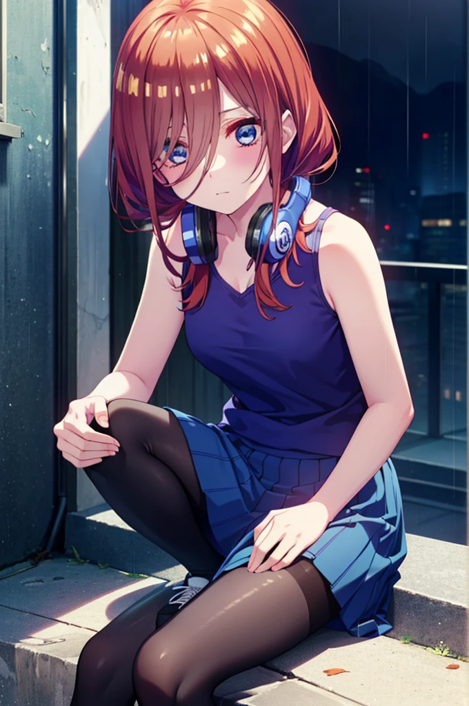 miku nakano, Nakano Miku Ticket III, Long Hair, bangs, blue eyes, Brown Hair, Hair between the eyes,Headphones around neck,Blue Tank Top,Long skirt,Black pantyhose,sneakers,rain,Hiding in a roofed building,Sitting on the stairs,whole bodyがイラストに入るように,
break outdoors, Alley,
break looking at viewer, whole body,
break (masterpiece:1.2), Highest quality, High resolution, unity 8k wallpaper, (figure:0.8), (Beautiful attention to detail:1.6), Highly detailed face, Perfect lighting, Highly detailed CG, (Perfect hands, Perfect Anatomy),