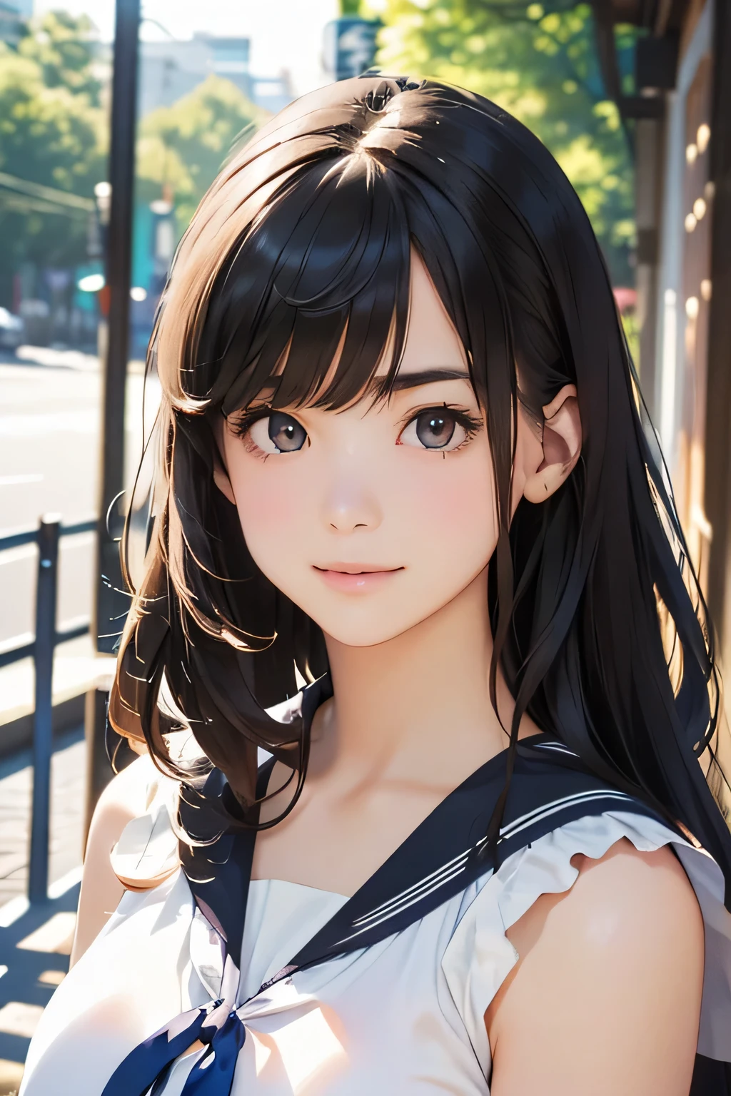 Highest quality、High resolution、Detailed Background、(Beautiful face in every detail:1.4)、Anatomically correct、Normal number of fingers、(Detailed facial expressions)、(Detailed eyes:1.2)、age beauty、(Highly detailed face:1.4)、(Huge breasts:1.2)、Perfect body line、cute hair color、Wavy Hairstyle、cute hairstyle、well-groomed eyebrows、Sunny outdoors、smile、A fun atmosphere、Cute gestures、(Two girls from A fun atmosphere:1.5)、Sleeveless sheer sailor blouse、ribbon、cute
