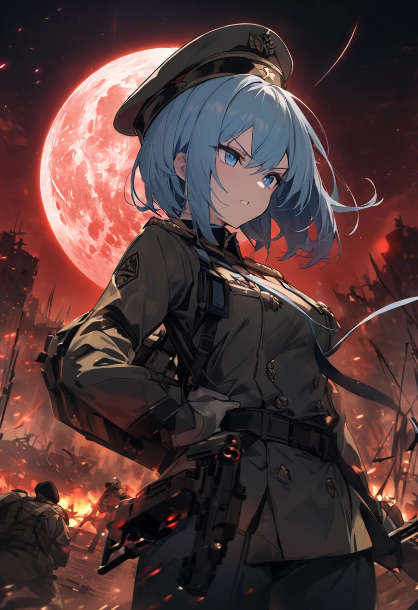 Facing forward　girl　Military uniforms with a white base and some black　Spectacular Background　A shooting star is falling　Beautiful night view　　　She is on the right　On the left you can see the destroyed city.　He has a gun　　　服にはplaneが描かれています　背景の上部にはFighterが飛んでいます　Red Moon　blue eyes　　There is one person　light blue long hair　wearing a military cap　war　I'm wearing pants　Precision　masterpiece　girlにクローズアップ　girlを正面から見ています　short hair　soldier　battlefield　{超Precision} Satanic　She's angry　But I&#39;m angry　Hanging eyes　Anime Style　 {war} {Gunfight} {Fighterの擬人化} Fighter　tank　Battleship　plane　Thunder Day　Mechanical Man　宇宙Battleshipヤマトの武装をつけています　A dignified expression　F-16Fighterの翼を背中につけています