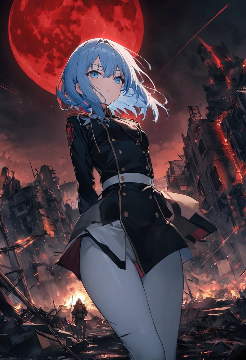 Facing forward　girl　Military uniforms with a white base and some black　Spectacular Background　A shooting star is falling　Beautiful night view　　　She is on the right　On the left you can see the destroyed city.　He has a gun　　　服にはplaneが描かれています　背景の上部にはFighterが飛んでいます　Red Moon　blue eyes　　There is one person　light blue long hair　wearing a military cap　war　I'm wearing pants　Precision　masterpiece　girlにクローズアップ　girlを正面から見ています　short hair　soldier　battlefield　{超Precision} Satanic　She's angry　But I&#39;m angry　Hanging eyes　Anime Style　 {war} {Gunfight} {Fighterの擬人化} Fighter　tank　Battleship　plane　Thunder Day　Mechanical Man　宇宙Battleshipヤマトの武装をつけています　A dignified expression　F-16Fighterの翼を背中につけています