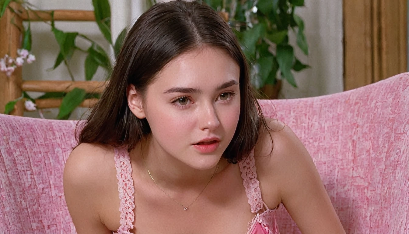 a 19-year old woman, wearing a very low cut lacey red v-neck, cropped tank top. wearing tight pink flowery cotton undershorts. sat on awooden chair, her face shows extreme feelings. in her hand is a plastic small elongated shaped item giving off tiny pulses of vibrations, which are causing her shuddering feelings. her face is showing ennjoyment , as she in so much delight., her pupils are dilated. her hands grip the side of the chair, as twinges cause her to shudder with feelings, photo., photo