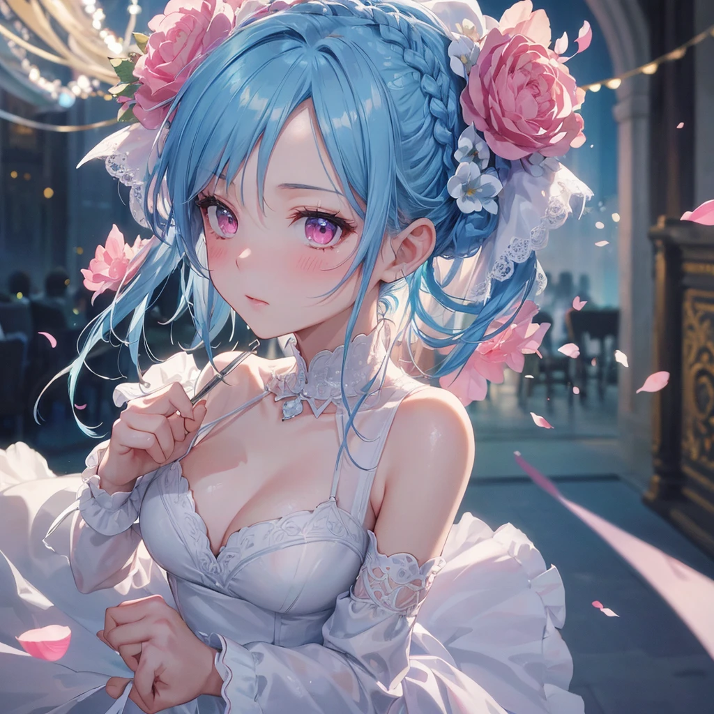 Sky blue hair, (Braided Ponytail),(Pink Eyes),Fair skin ,(whole body),(1 Girl),bride,blush,Straight bangs, 6月のbride,Wedding dress,(masterpiece, Highest quality, Very detailed, Best Shadow), (Detailed Background), (Beautifully detailed face), High Contrast, (Best lighting, Very delicate and beautiful), ((Cinematic Light)), colorful, Hyper Detail, Dramatic Light, Intricate details,Wedding hall,Rose flower。