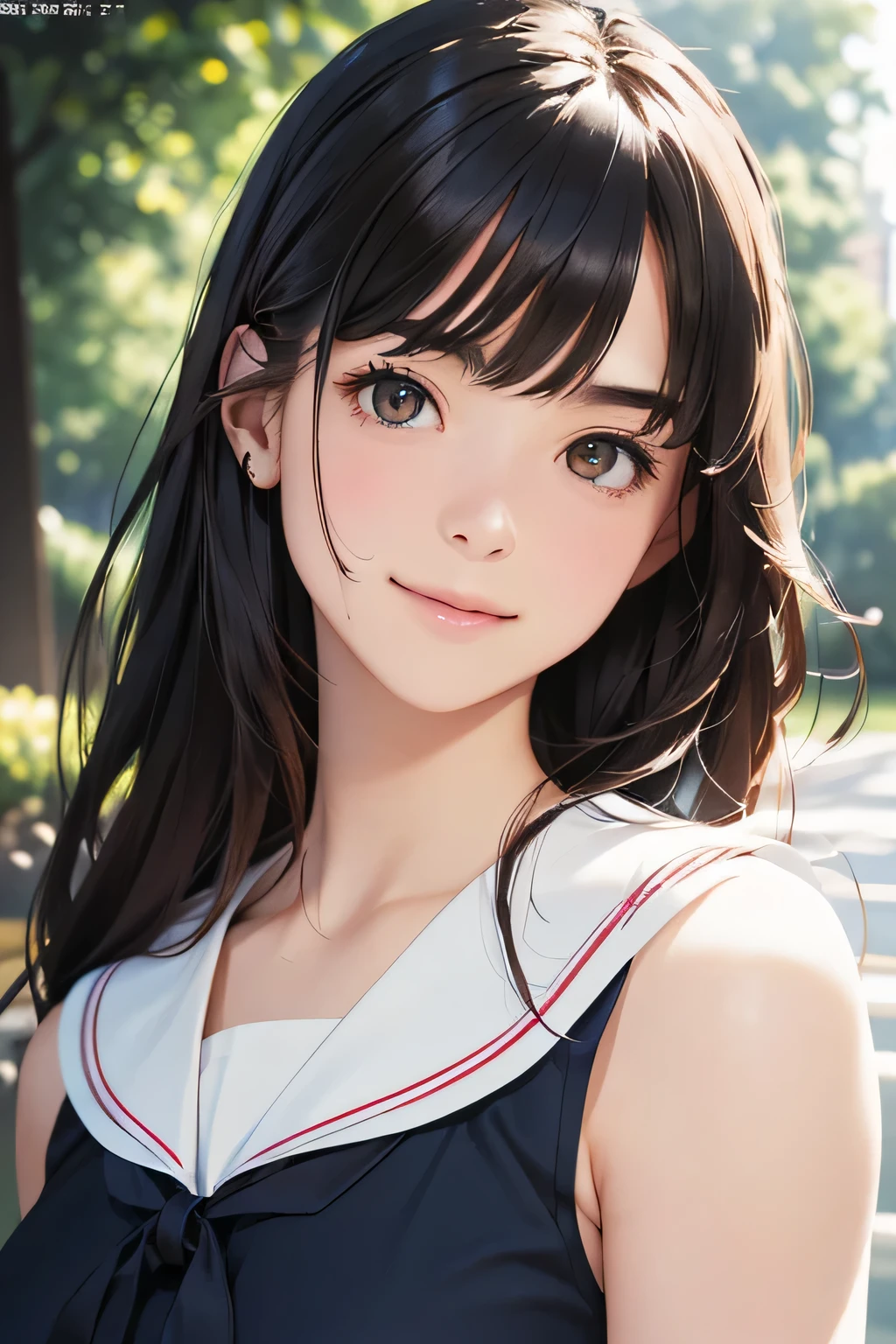 Highest quality、High resolution、Detailed Background、(Beautiful face in every detail:1.4)、Anatomically correct、Normal number of fingers、(Detailed facial expressions)、(Detailed eyes:1.2)、Teenage beauty、(Highly detailed face:1.4)、(Huge breasts:1.2)、Perfect body line、cute hair color、Wavy Hairstyle、cute hairstyle、well-groomed eyebrows、Sunny outdoors、smile、A fun atmosphere、Cute gestures、(Two girls from A fun atmosphere:1.5)、Sleeveless sheer sailor blouse、ribbon、cute
