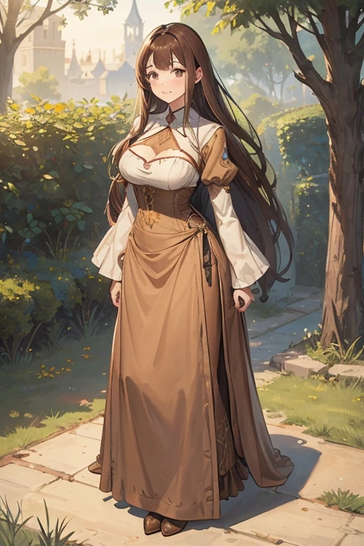 A straight haired brunette adult female standing on the ground, wearing loose bodice brown dress with cuff sleeves, low neckline, medieval, brown hair, large long shaped tits, silly personalty, cute happy demeanor, sunny disposition, deredere,
